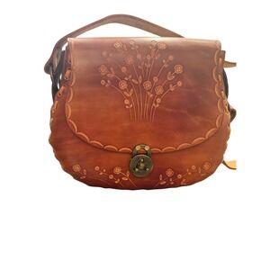 Vintage Tooled Leather Floral Saddle Bag Cognac Brown Boho Rebecca Strap Custom